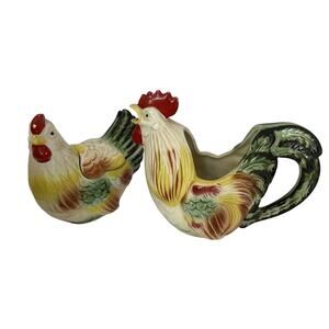 Lefton Rooster Cream Sugar Bowl Set 2pc Midcentury Creamer Farmhouse Rustic